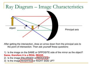 Ray Diagram – Image Characteristics
Principal axis
f
C
object
After getting the intersection, draw an arrow down from the principal axis to
the point of intersection. Then ask yourself these questions:
1) Is the image on the SAME or OPPOSITE side of the mirror as the object?
Same, therefore it is a REAL IMAGE.
2) Is the image ENLARGED or REDUCED?
3) Is the image INVERTED or RIGHT SIDE UP?
 