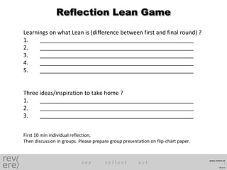 rev
ere s e e r e f l e c t a c t www.revere.se
30-Jul-15
1
Reflection Lean Game
Learnings on what Lean is (difference between first and final round) ?
1.
2.
3.
4.
5.
Three ideas/inspiration to take home ?
1.
2.
3.
First 10 min individual reflection,
Then discussion in groups. Please prepare group presentation on flip-chart paper.
 