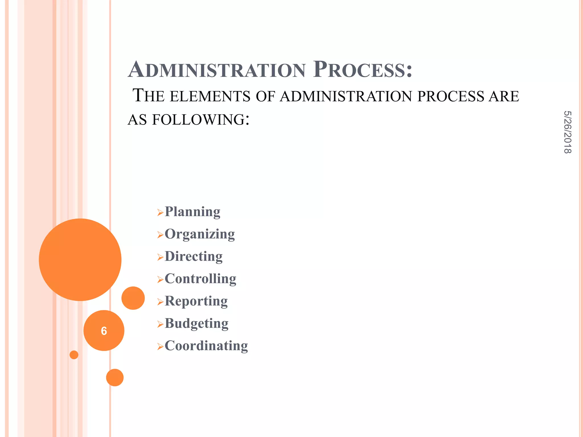ADMINISTRATION PROCESS:
THE ELEMENTS OF ADMINISTRATION PROCESS ARE
AS FOLLOWING:
Planning
Organizing
Directing
Controlling
Reporting
Budgeting
Coordinating
5/26/2018
6
 