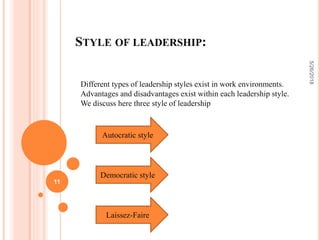 STYLE OF LEADERSHIP:
Different types of leadership styles exist in work environments.
Advantages and disadvantages exist within each leadership style.
We discuss here three style of leadership
5/26/2018
11
Autocratic style
Democratic style
Laissez-Faire
 