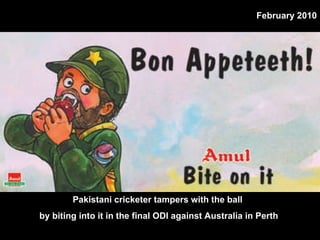 Pakistani cricketer tampers with the ball  by biting into it in the final ODI against Australia in Perth  February 2010 