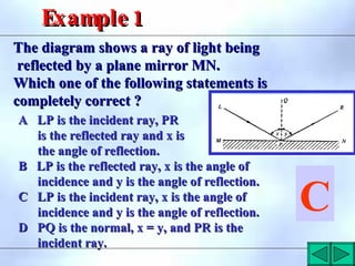 The diagram shows a ray of light being
The diagram shows a ray of light being
reflected by a plane mirror MN.
reflected by a plane mirror MN.
Which one of the following statements is
Which one of the following statements is
completely correct ?
completely correct ?
A LP is the incident ray, PR
A LP is the incident ray, PR
is the reflected ray and x is
is the reflected ray and x is
the angle of reflection.
the angle of reflection.
B LP is the reflected ray, x is the angle of
B LP is the reflected ray, x is the angle of
incidence and y is the angle of reflection.
incidence and y is the angle of reflection.
C LP is the incident ray, x is the angle of
C LP is the incident ray, x is the angle of
incidence and y is the angle of reflection.
incidence and y is the angle of reflection.
D PQ is the normal, x = y, and PR is the
D PQ is the normal, x = y, and PR is the
incident ray.
incident ray.
C
1
Example1
Example
 