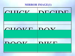 MIRROR IMAGE(1)
BIKE
BOOK
BOX
CHOKE
DECIDE
CHICK
 