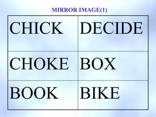 MIRROR IMAGE(1)
BIKE
BOOK
BOX
CHOKE
DECIDE
CHICK
 