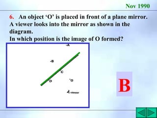 Nov 1990
6. An object ‘O’ is placed in front of a plane mirror.
A viewer looks into the mirror as shown in the
diagram.
In which position is the image of O formed?
B
 