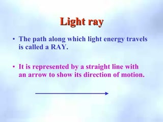 Light ray
Light ray
• The path along which light energy travels
is called a RAY.
• It is represented by a straight line with
an arrow to show its direction of motion.
 