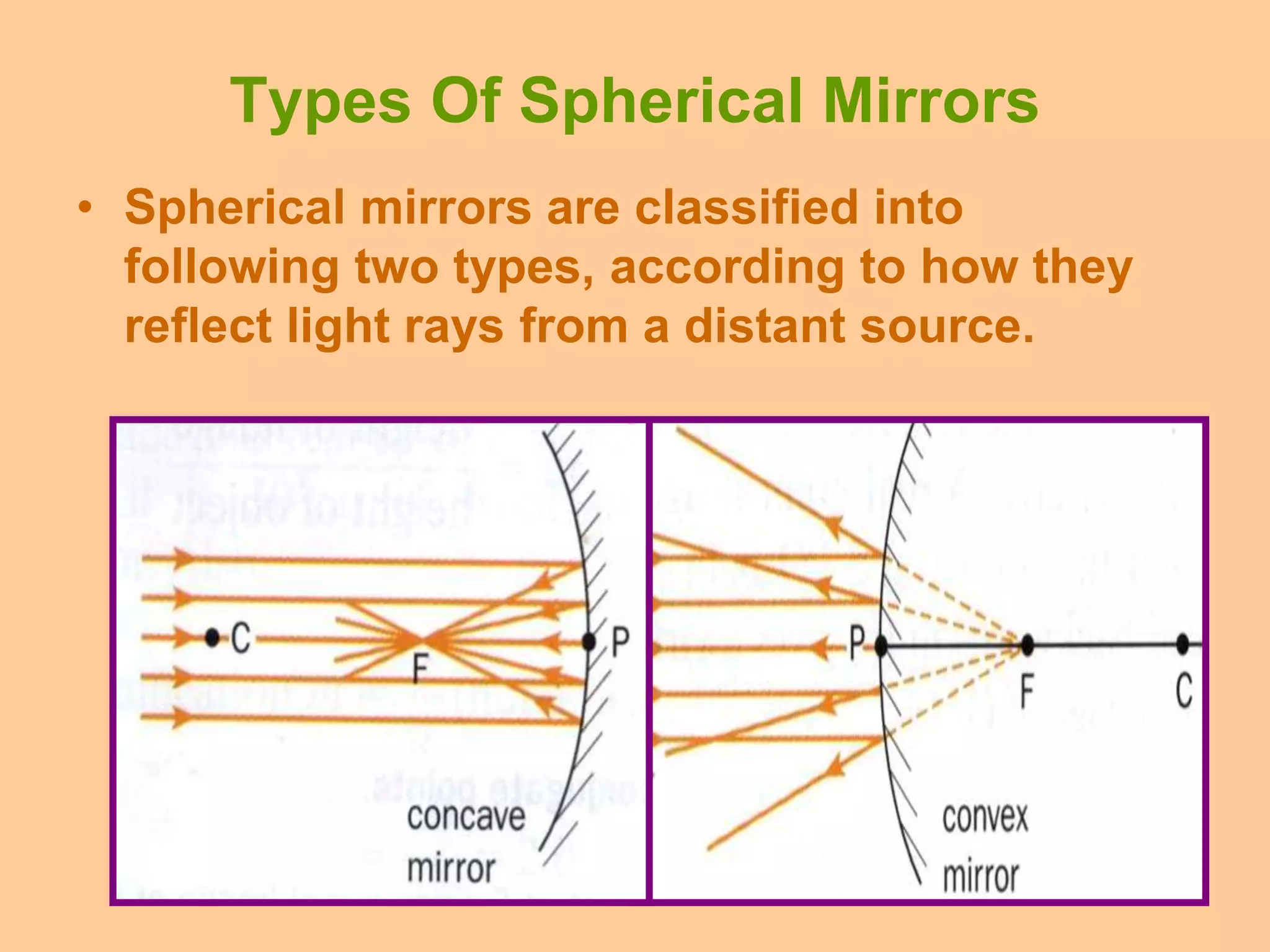 Types Of Spherical Mirrors
• Spherical mirrors are classified into
following two types, according to how they
reflect light rays from a distant source.
 