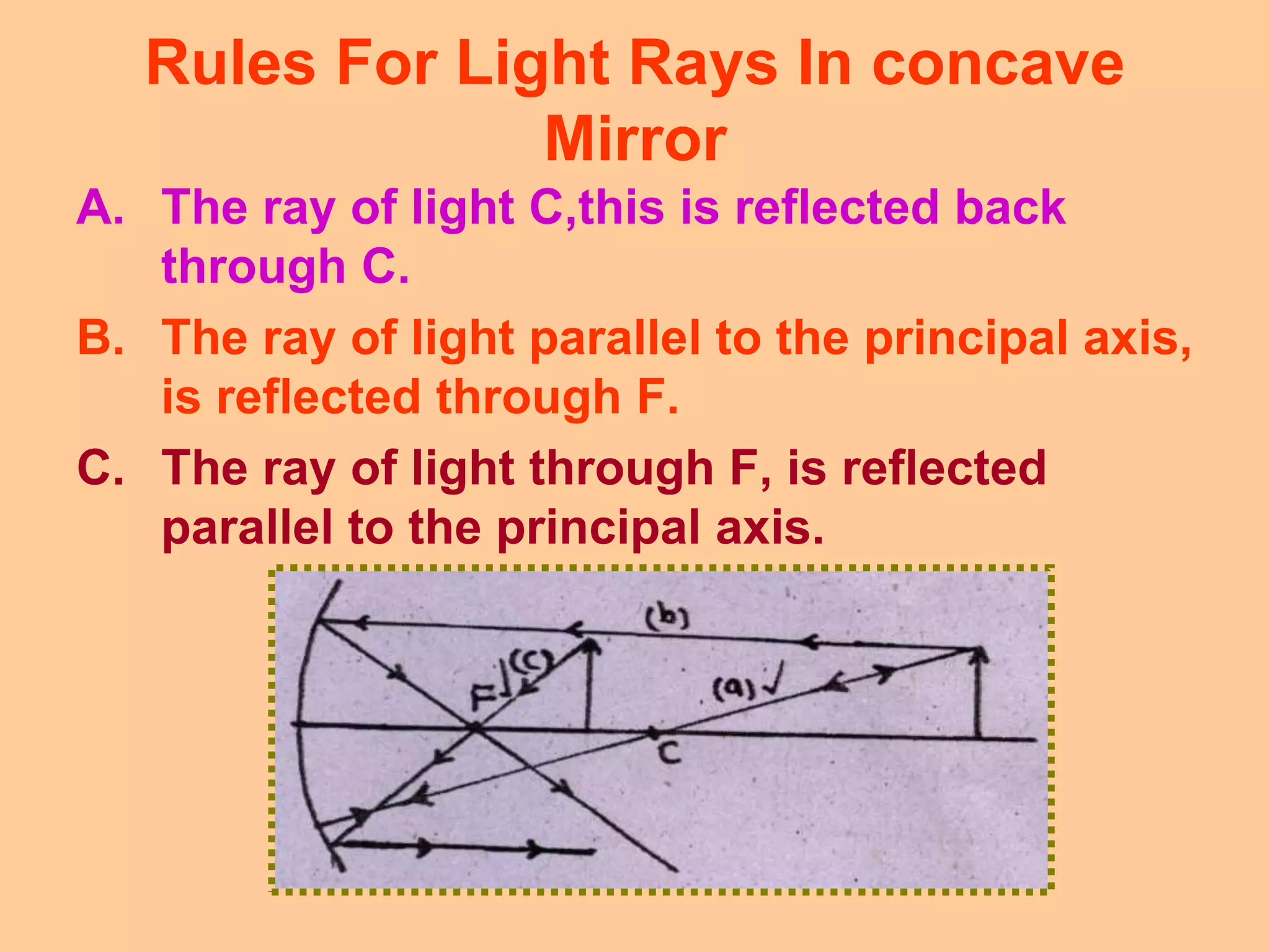 Rules For Light Rays In concave
Mirror
A. The ray of light C,this is reflected back
through C.
B. The ray of light parallel to the principal axis,
is reflected through F.
C. The ray of light through F, is reflected
parallel to the principal axis.
 