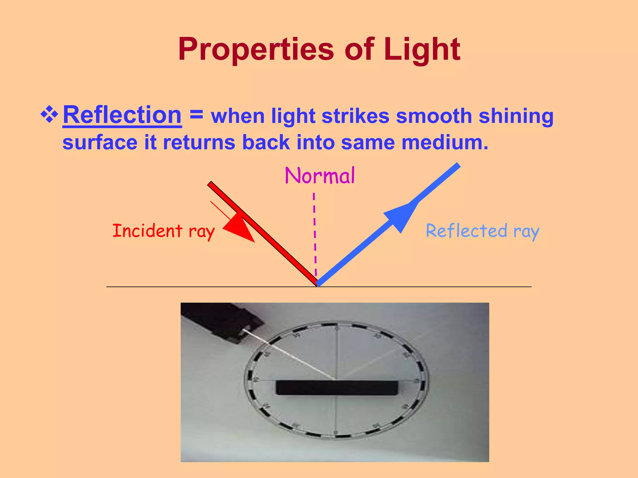 Properties of Light
Reflection = when light strikes smooth shining
surface it returns back into same medium.
Incident ray Reflected ray
Normal
 