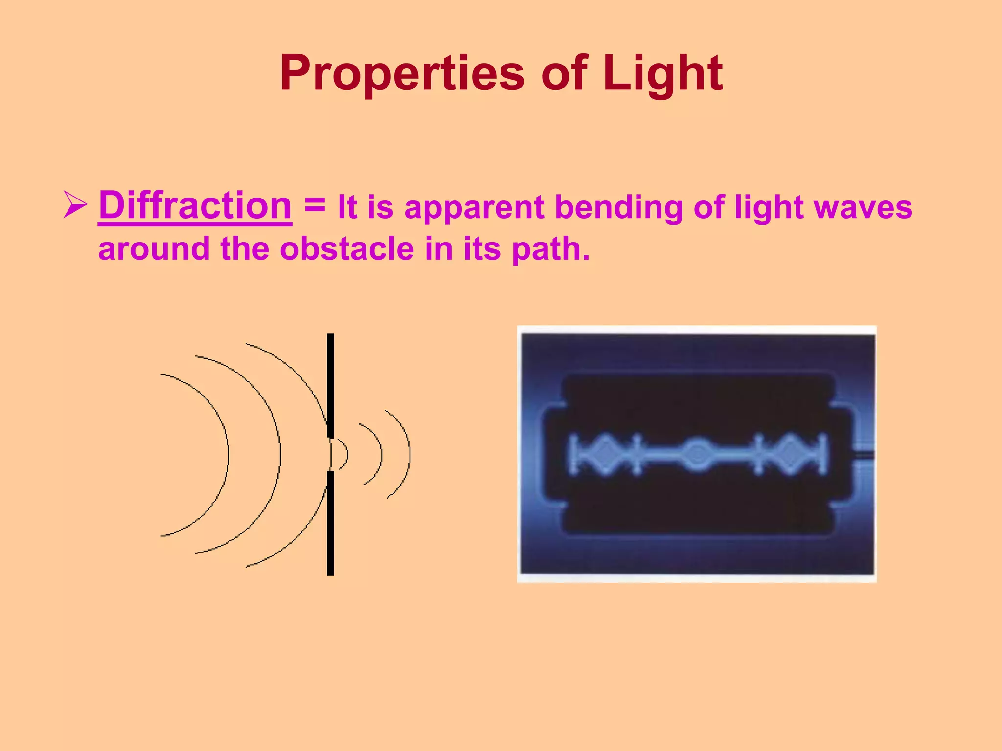 Properties of Light
 Diffraction = It is apparent bending of light waves
around the obstacle in its path.
 