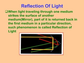 Reflection Of Light
When light traveling through one medium
strikes the surface of another
medium(Mirror), part of it is returned back in
the first medium in a particular direction,
such phenomenon is called Reflection of
Light
 