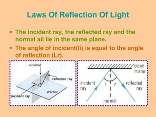 Laws Of Reflection Of Light
 The incident ray, the reflected ray and the
normal all lie in the same plane.
 The angle of incident(li) is equal to the angle
of reflection (Lr).
 