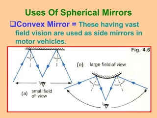 Uses Of Spherical Mirrors
Convex Mirror = These having vast
field vision are used as side mirrors in
motor vehicles.
 