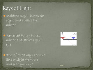Incident Ray – leaves the
object and strikes the
mirror
Reflected Ray – leaves
mirror and strikes your
eye
The reflected ray is on the
line of sight from the
image to your eye. Slide 3
 