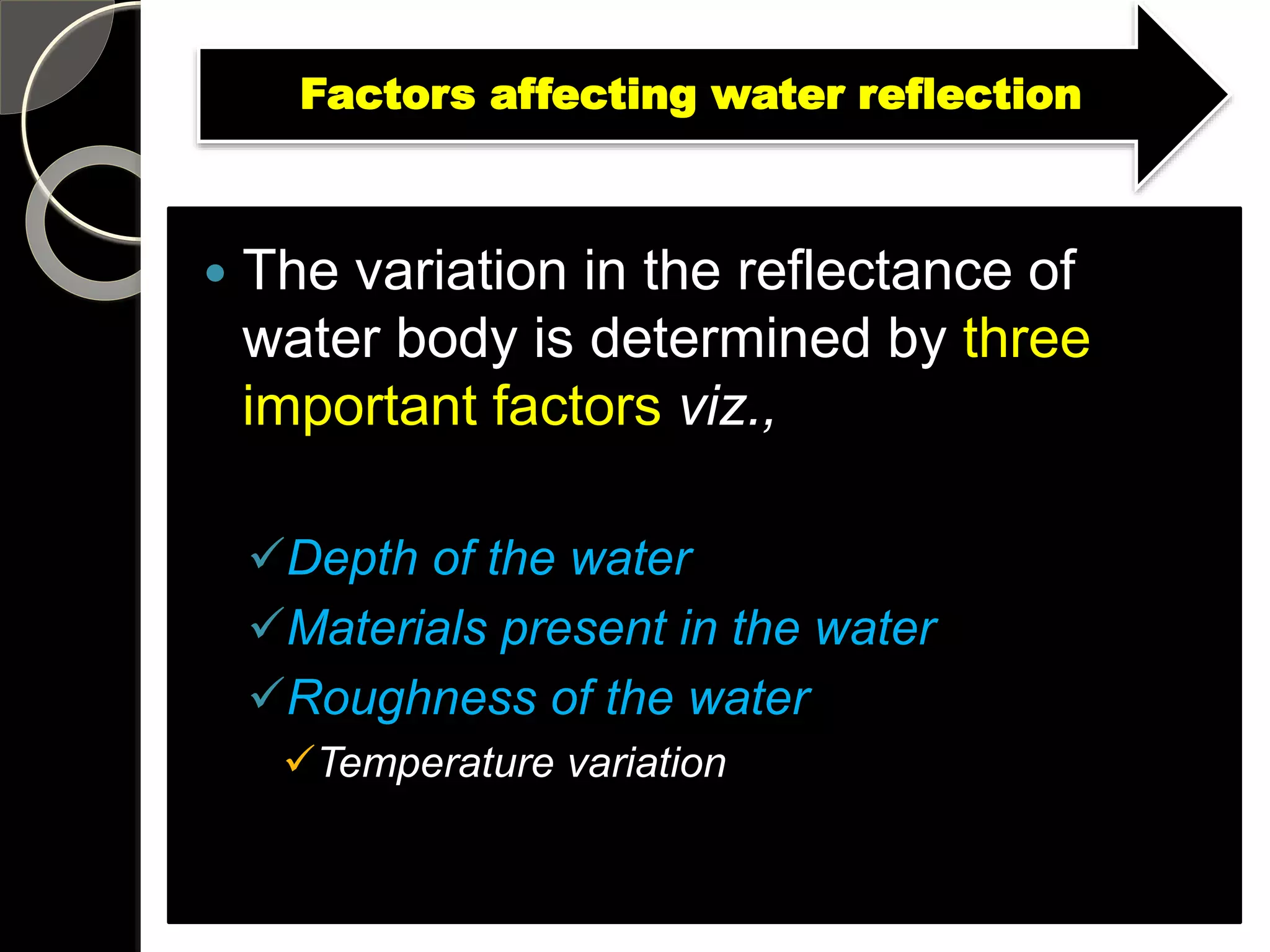 Factors affecting water reflection
 The variation in the reflectance of
water body is determined by three
important factors viz.,
Depth of the water
Materials present in the water
Roughness of the water
Temperature variation
 