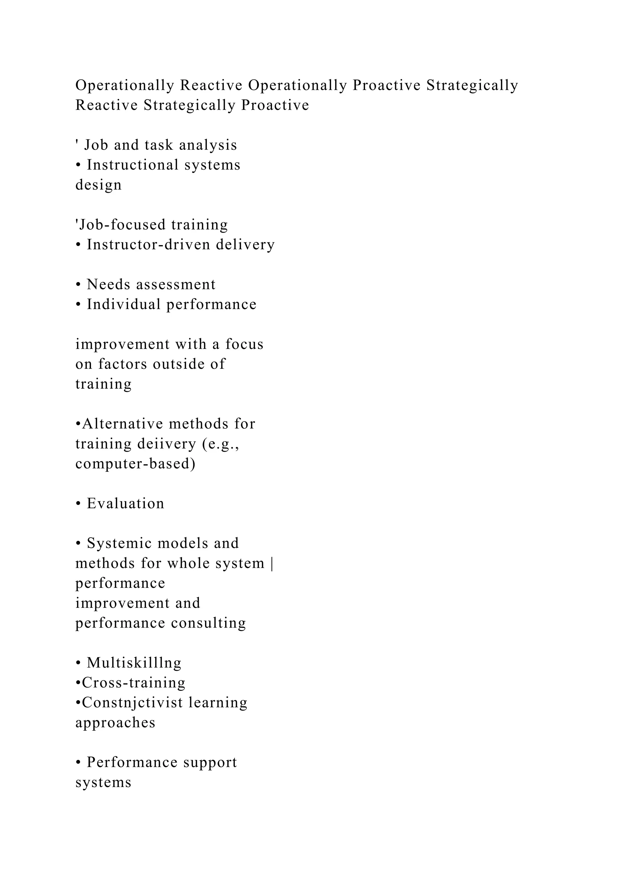 Operationally Reactive Operationally Proactive Strategically
Reactive Strategically Proactive
' Job and task analysis
• Instructional systems
design
'Job-focused training
• Instructor-driven delivery
• Needs assessment
• Individual performance
improvement with a focus
on factors outside of
training
•Alternative methods for
training deiivery (e.g.,
computer-based)
• Evaluation
• Systemic models and
methods for whole system |
performance
improvement and
performance consulting
• Multiskilllng
•Cross-training
•Constnjctivist learning
approaches
• Performance support
systems
 