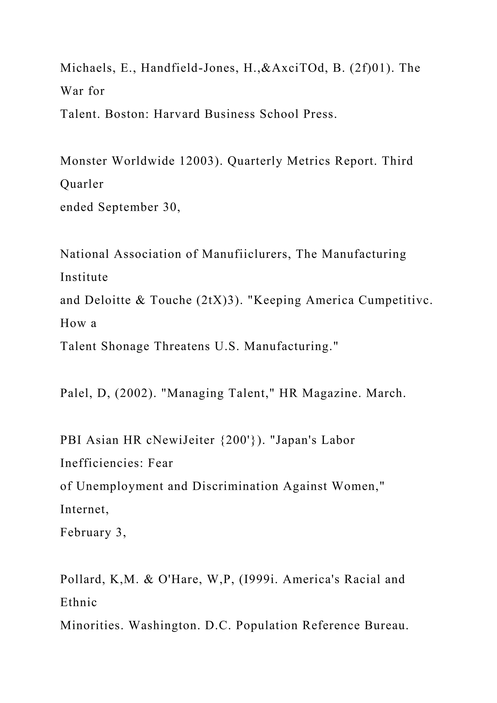 Michaels, E., Handfield-Jones, H.,&AxciTOd, B. (2f)01). The
War for
Talent. Boston: Harvard Business School Press.
Monster Worldwide 12003). Quarterly Metrics Report. Third
Quarler
ended September 30,
National Association of Manufiiclurers, The Manufacturing
Institute
and Deloitte & Touche (2tX)3). "Keeping America Cumpetitivc.
How a
Talent Shonage Threatens U.S. Manufacturing."
Palel, D, (2002). "Managing Talent," HR Magazine. March.
PBI Asian HR cNewiJeiter {200'}). "Japan's Labor
Inefficiencies: Fear
of Unemployment and Discrimination Against Women,"
Internet,
February 3,
Pollard, K,M. & O'Hare, W,P, (I999i. America's Racial and
Ethnic
Minorities. Washington. D.C. Population Reference Bureau.
 
