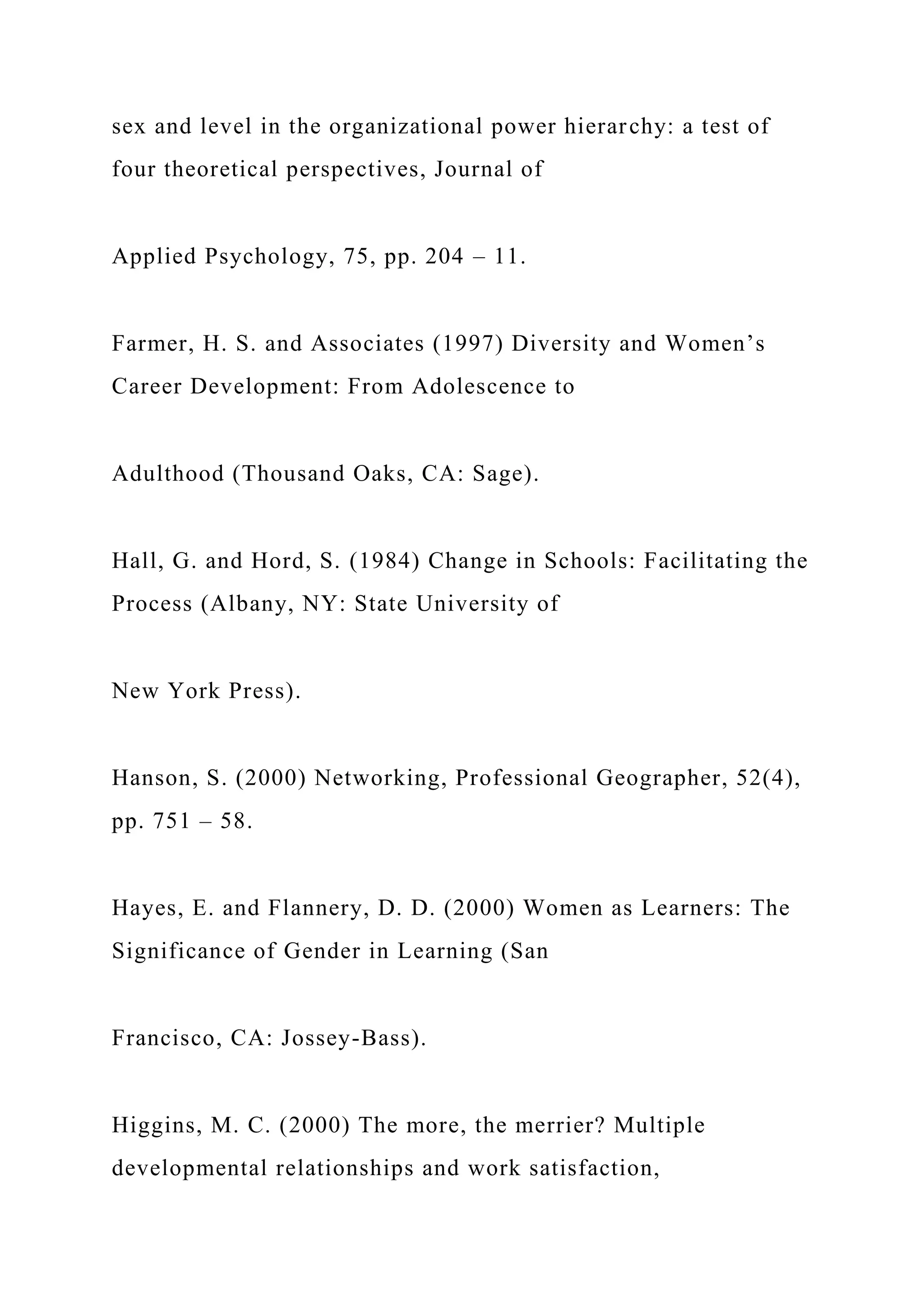 sex and level in the organizational power hierarchy: a test of
four theoretical perspectives, Journal of
Applied Psychology, 75, pp. 204 – 11.
Farmer, H. S. and Associates (1997) Diversity and Women’s
Career Development: From Adolescence to
Adulthood (Thousand Oaks, CA: Sage).
Hall, G. and Hord, S. (1984) Change in Schools: Facilitating the
Process (Albany, NY: State University of
New York Press).
Hanson, S. (2000) Networking, Professional Geographer, 52(4),
pp. 751 – 58.
Hayes, E. and Flannery, D. D. (2000) Women as Learners: The
Significance of Gender in Learning (San
Francisco, CA: Jossey-Bass).
Higgins, M. C. (2000) The more, the merrier? Multiple
developmental relationships and work satisfaction,
 