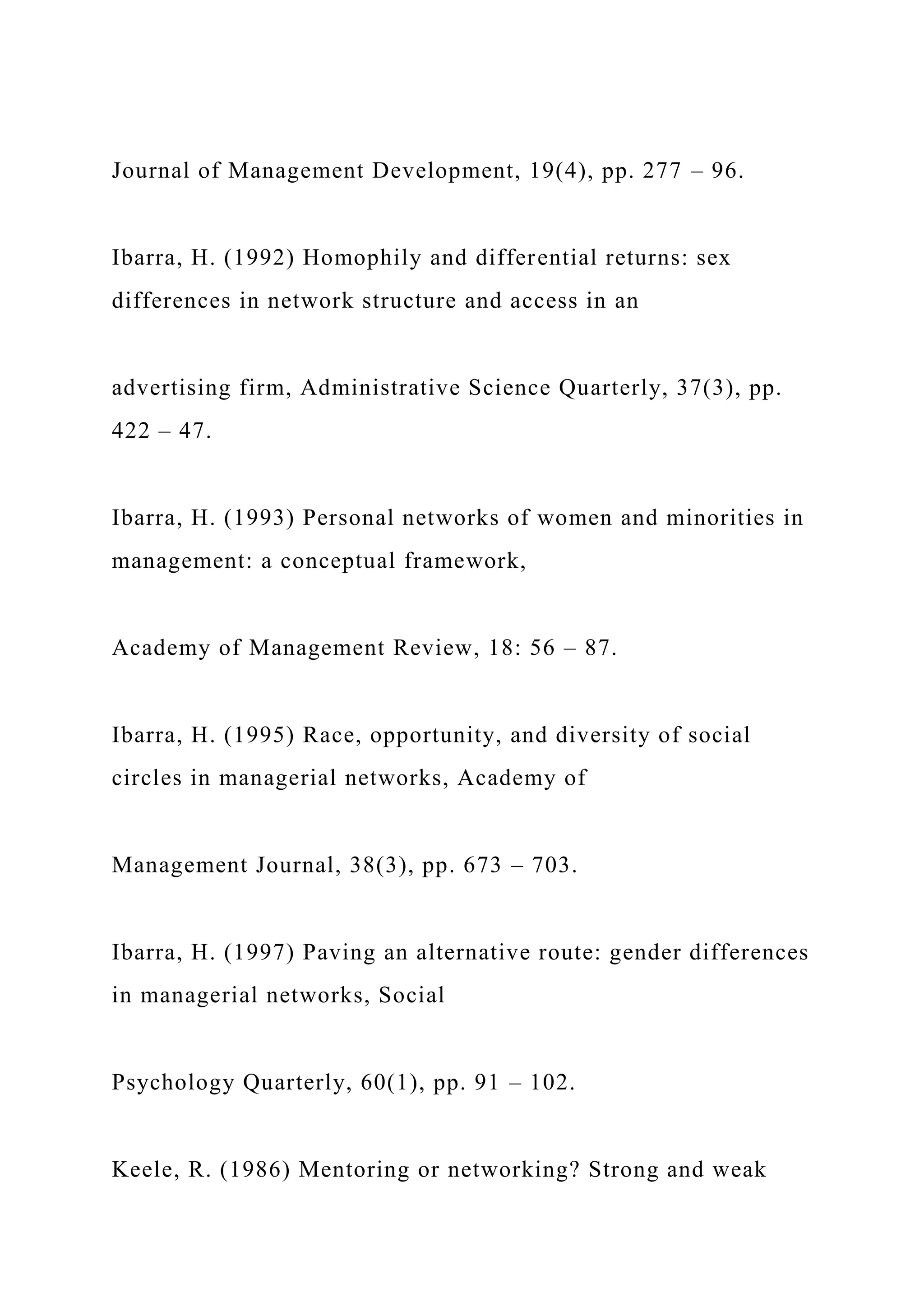 Journal of Management Development, 19(4), pp. 277 – 96.
Ibarra, H. (1992) Homophily and differential returns: sex
differences in network structure and access in an
advertising firm, Administrative Science Quarterly, 37(3), pp.
422 – 47.
Ibarra, H. (1993) Personal networks of women and minorities in
management: a conceptual framework,
Academy of Management Review, 18: 56 – 87.
Ibarra, H. (1995) Race, opportunity, and diversity of social
circles in managerial networks, Academy of
Management Journal, 38(3), pp. 673 – 703.
Ibarra, H. (1997) Paving an alternative route: gender differences
in managerial networks, Social
Psychology Quarterly, 60(1), pp. 91 – 102.
Keele, R. (1986) Mentoring or networking? Strong and weak
 