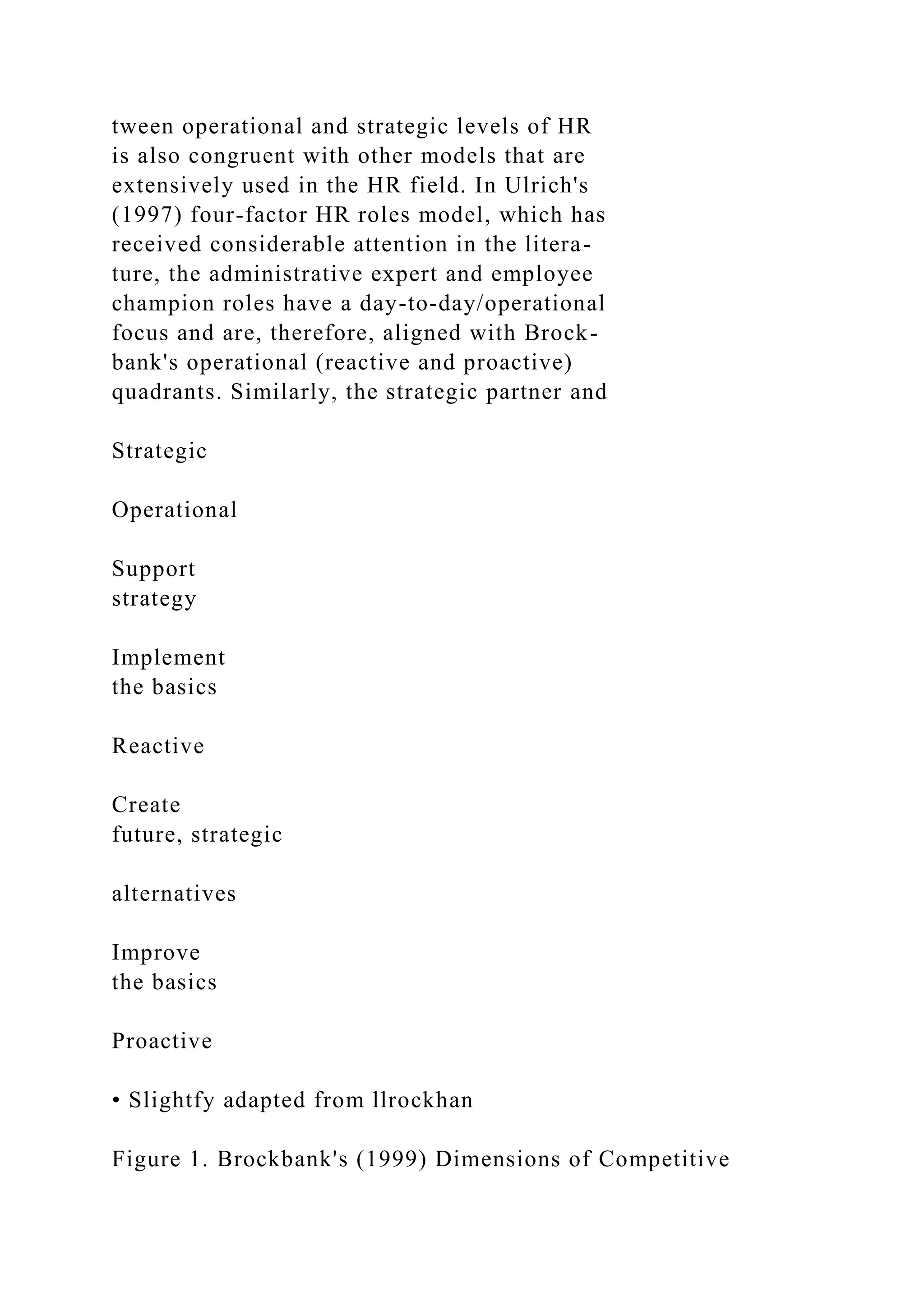 tween operational and strategic levels of HR
is also congruent with other models that are
extensively used in the HR field. In Ulrich's
(1997) four-factor HR roles model, which has
received considerable attention in the litera-
ture, the administrative expert and employee
champion roles have a day-to-day/operational
focus and are, therefore, aligned with Brock-
bank's operational (reactive and proactive)
quadrants. Similarly, the strategic partner and
Strategic
Operational
Support
strategy
Implement
the basics
Reactive
Create
future, strategic
alternatives
Improve
the basics
Proactive
• Slightfy adapted from llrockhan
Figure 1. Brockbank's (1999) Dimensions of Competitive
 