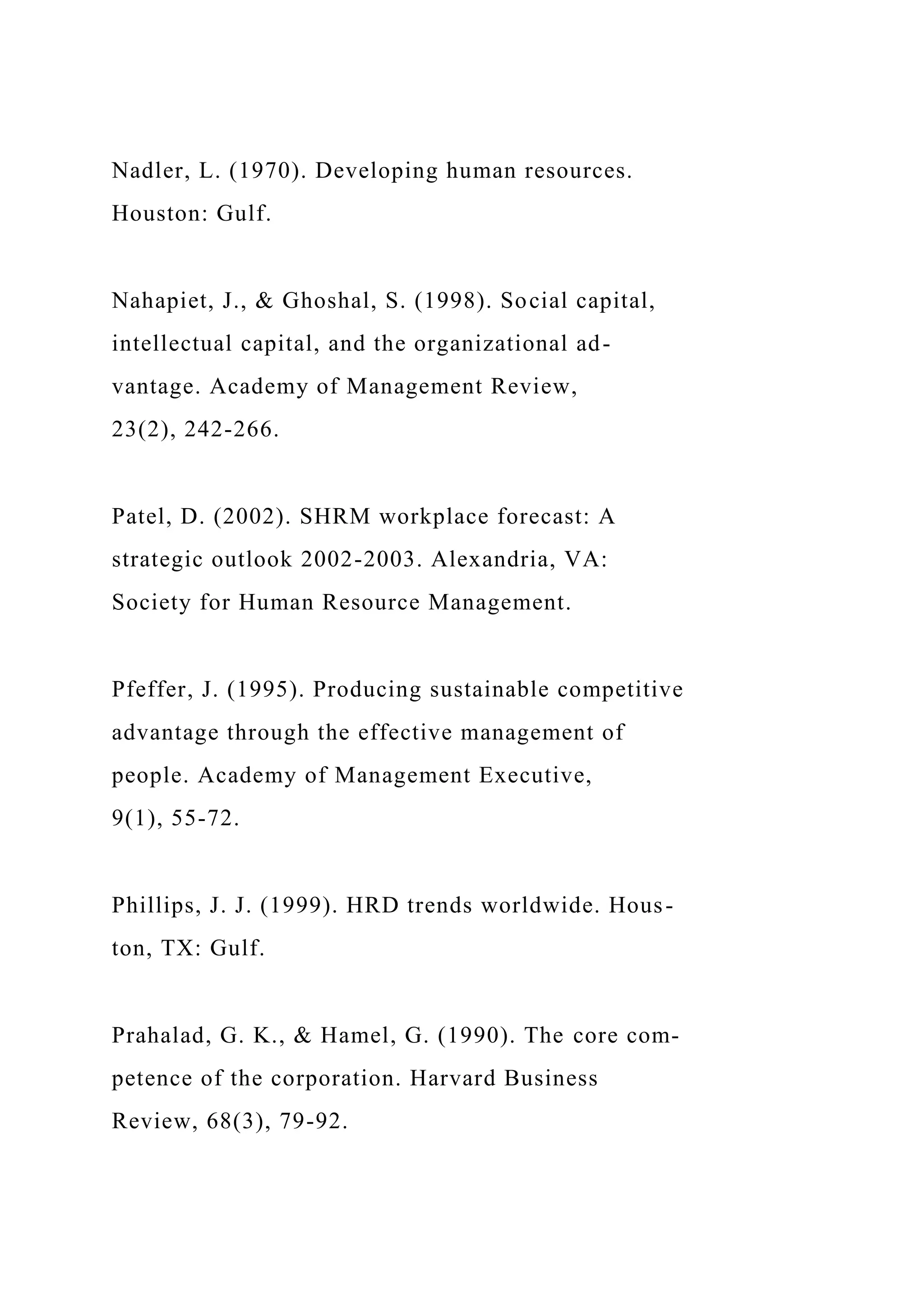Nadler, L. (1970). Developing human resources.
Houston: Gulf.
Nahapiet, J., & Ghoshal, S. (1998). Social capital,
intellectual capital, and the organizational ad-
vantage. Academy of Management Review,
23(2), 242-266.
Patel, D. (2002). SHRM workplace forecast: A
strategic outlook 2002-2003. Alexandria, VA:
Society for Human Resource Management.
Pfeffer, J. (1995). Producing sustainable competitive
advantage through the effective management of
people. Academy of Management Executive,
9(1), 55-72.
Phillips, J. J. (1999). HRD trends worldwide. Hous-
ton, TX: Gulf.
Prahalad, G. K., & Hamel, G. (1990). The core com-
petence of the corporation. Harvard Business
Review, 68(3), 79-92.
 