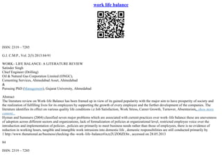 Reflection Paper On Work Life Balance | PDF