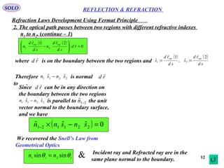12
SOLO
2. The optical path passes between two regions with different refractive indexes
n1 to n2. (continue – 1)
( ) ( )
0
21
21 =⋅







− rd
sd
rd
n
sd
rd
n
rayray 

where is on the boundary between the two regions andrd
 ( ) ( )
sd
rd
s
sd
rd
s
rayray 2
:ˆ,
1
:ˆ 21

==
Therefore is normal
to .
2211
ˆˆ snsn − rd

Since can be in any direction on
the boundary between the two regions
is parallel to the unit
vector normal to the boundary surface,
and we have
rd

2211
ˆˆ snsn − 21
ˆ −n
( ) 0ˆˆˆ 221121 =−×− snsnn
We recovered the Snell’s Law from
Geometrical Optics
REFLECTION & REFRACTION
Refraction Laws Development Using Fermat Principle
ti nn θθ sinsin 21 = Incident ray and Refracted ray are in the
same plane normal to the boundary.
&
 