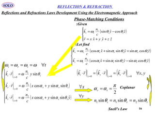 16
SOLO REFLECTION & REFRACTION
tri nnn θθθ sinsinsin 211 ==
Phase-Matching Conditions
( )
( )





−+=
++=
zyx
c
n
k
zyx
c
n
k
ttttttt
irirrrr
ˆcossinˆsinsinˆcos
ˆcossinˆsinsinˆcos
2
1
θαθααω
θαθααω


( )
( )








+=⋅
+=⋅
=⋅
=
=
=
yyx
c
n
rk
yx
c
n
rk
y
c
n
rk
ttt
z
t
irr
z
r
i
z
i
ˆsinsincos
sinsincos
sin
2
0
1
0
1
0
θααω
θααω
θω



( ) ( ) ( ) yxrkrkrk
z
t
z
r
z
i ,
000
∀⋅=⋅=⋅
===

2
π
αα == tr
ttri ∀=== ωωωω
x∀
y∀
Coplanar
Snell’s Law
( )




++=
−=
zzyyxxr
zy
c
n
k iiii
ˆˆˆ
ˆcosˆsin1


θθω
Given:
Let find:
Reflections and Refractions Laws Development Using the Electromagnetic Approach
 