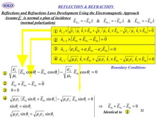 22
SOLO REFLECTION & REFRACTION
( ) 0coscoscos 0
2
2
00
1
1
=−− ttirii EEE θ
µ
ε
θθ
µ
ε
1
0000

=−+ tri EEE2
( ) 0ˆ 00021

=−+×− tri EEEn
[ ] 0ˆ/ˆ/ˆ/ˆ 02201101121

=×−×+××− ttrrii EkEkEkn µεµεµε
( ) 0ˆ 02010121 =−+⋅− tri EEEn

εεε
( ) 0ˆˆˆˆ 02201101121 =×−×+×⋅− ttrrii EkEkEkn

εµεµεµ
1
2
3
4
( )
0
sinsin
sinsin
0sinsinsin
000
2211
0220011
=−+⇒
=
=
=−+
tri
ti
ri
ttrrii
EEE
EEE
θεµθεµ
θθ
θεµθθεµ4
Identical to 2
3 00 =
Assume is normal o plan of incidence
(normal polarization)
E

xEExEExEE ttrrii
ˆ&ˆ&ˆ 000000 −=−=−= ⊥⊥⊥

Boundary Conditions
Reflections and Refractions Laws Development Using the Electromagnetic Approach
 