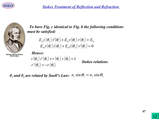 47
Stokes Treatment of Reflection and RefractionSOLO
To have Fig. c identical to Fig. b the following conditions
must be satisfied:
( ) ( ) ( ) ( ) iii
ErrEttE 0110120
' =+ θθθθ
( ) ( ) ( ) ( ) 0' 220210
=+ θθθθ rtEtrE ii
Hence:
( ) ( ) ( ) ( )
( ) ( )12
1112
'
1'
θθ
θθθθ
rr
rrtt
−=
=+
Stokes relations
θ1 and θ2 are related by Snell’s Law: 2211 sinsin θθ nn =
 