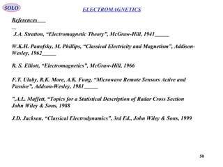 50
ELECTROMAGNETICSSOLO
References
J.D. Jackson, “Classical Electrodynamics”, 3rd Ed., John Wiley & Sons, 1999
R. S. Elliott, “Electromagnetics”, McGraw-Hill, 1966
J.A. Stratton, “Electromagnetic Theory”, McGraw-Hill, 1941
W.K.H. Panofsky, M. Phillips, “Classical Electricity and Magnetism”, Addison-
Wesley, 1962
F.T. Ulaby, R.K. More, A.K. Fung, “Microwave Remote Sensors Active and
Passive”, Addson-Wesley, 1981
A.L. Maffett, “Topics for a Statistical Description of Radar Cross Section”,
John Wiley & Sons, 1988
 
