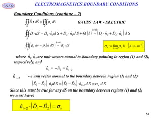 56
SOLO ELECTROMAGNETICS BOUNDARY CONDITIONS
Boundary Conditions (continue – 2)
( ) ( ) SdnDnDhSdnDSdnDSdD
h
S
2211
0
2211
ˆˆˆˆ ⋅+⋅=Θ+⋅+⋅=⋅
→
∫∫

where are unit vectors normal to boundary pointing in region (1) and (2),
respectively, and
21
ˆ,ˆ nn
2121
ˆˆˆ −=−= nnn
- a unit vector normal to the boundary between region (1) and (2)21
ˆ −n
( ) ( ) SdSdnDDSdnDD eσ=⋅−=⋅− −2121121
ˆˆ

Since this must be true for any dS on the boundary between regions (1) and (2)
we must have:
( ) eDDn σ=−⋅− 2121
ˆ

( ) dSdShdv e
h
e
V
e σρρ
0→
==∫∫∫
GAUSS’ LAW - ELECTRIC
[ ]1
0
lim: −
→
⋅⋅= msAhe
h
e ρσ
∫∫∫∫∫ =•
V
e
S
dvSdD ρ

 