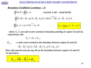 57
SOLO ELECTROMAGNETICS BOUNDARY CONDITIONS
Boundary Conditions (continue – 3)
( ) ( ) SdnBnBhSdnBSdnBSdB
h
S
2211
0
2211
ˆˆˆˆ ⋅+⋅=Θ+⋅+⋅=⋅
→
∫∫

where are unit vectors normal to boundary pointing in region (1) and (2),
respectively, and
21
ˆ,ˆ nn
2121
ˆˆˆ −=−= nnn
- a unit vector normal to the boundary between region (1) and (2)21
ˆ −n
( ) ( ) SdSdnBBSdnBB mσ=⋅−=⋅− −2121121
ˆˆ

Since this must be true for any dS on the boundary between regions (1) and (2)
we must have:
( ) mBBn σ=−⋅− 2121
ˆ

( ) dSdShdv m
h
m
V
m σρρ
0→
==∫∫∫
GAUSS’ LAW – MAGNETIC
[ ]1
0
lim: −
→
⋅⋅= msVhm
h
m ρσ
∫∫∫∫∫ =•
V
m
S
dvSdB ρ

 
