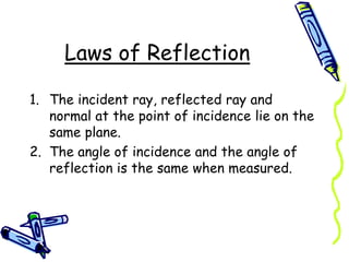 Laws of Reflection
1. The incident ray, reflected ray and
normal at the point of incidence lie on the
same plane.
2. The angle of incidence and the angle of
reflection is the same when measured.
 