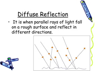 Diffuse Reflection
• It is when parallel rays of light fall
on a rough surface and reflect in
different directions.
 