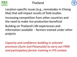 Location-specific issues (e.g., nematodes in Chiang
Mai) that will impact results of field studies
Increasing competition from other countries and
the need to make rice production beneficial
Building on Thailand’s SRI experiences and
information available - farmers trained under other
projects
Capacity and confidence building in selected
provinces (Surin and Pitsanulok) to carry out FPAR
and participatory farmer training in FFS context
Thailand
 