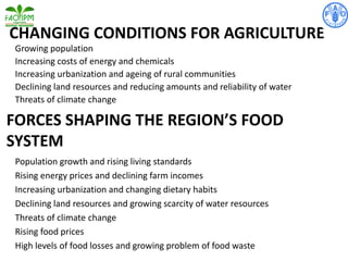CHANGING CONDITIONS FOR AGRICULTURE
Growing population
Increasing costs of energy and chemicals
Increasing urbanization and ageing of rural communities
Declining land resources and reducing amounts and reliability of water
Threats of climate change
Population growth and rising living standards
Rising energy prices and declining farm incomes
Increasing urbanization and changing dietary habits
Declining land resources and growing scarcity of water resources
Threats of climate change
Rising food prices
High levels of food losses and growing problem of food waste
FORCES SHAPING THE REGION’S FOOD
SYSTEM
 