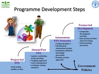 Programme Development Steps
Project-led
FFS
Alumni/Post
FFS
Autonomous
FFS Networks
• community
development
activities
• inter-group activities
and networking
• self-promoting
movement
(scaling-up phase )
• self-financed,
autonomous groups
• continuous, planned
knowledge
generation
• farming systems
approach
•tools testing
•quality system
Farmer-led
Development
Government
Policies
• regular, continuing
group meetings
• cropping approach
• water management
• exchanges among
members
 