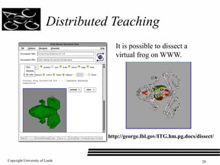 Distributed Teaching <ul><li>It is possible to dissect a virtual frog on WWW. </li></ul>http://george.lbl.gov/ITG.hm.pg.do...