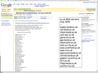 ac.uk Web servers July 1993 -- busby.leeds.ac.uk cbl.leeds.ac.uk chem.leeds.ac.uk cpt1.dur.ac.uk genie.lut.ac.uk gps.leeds...