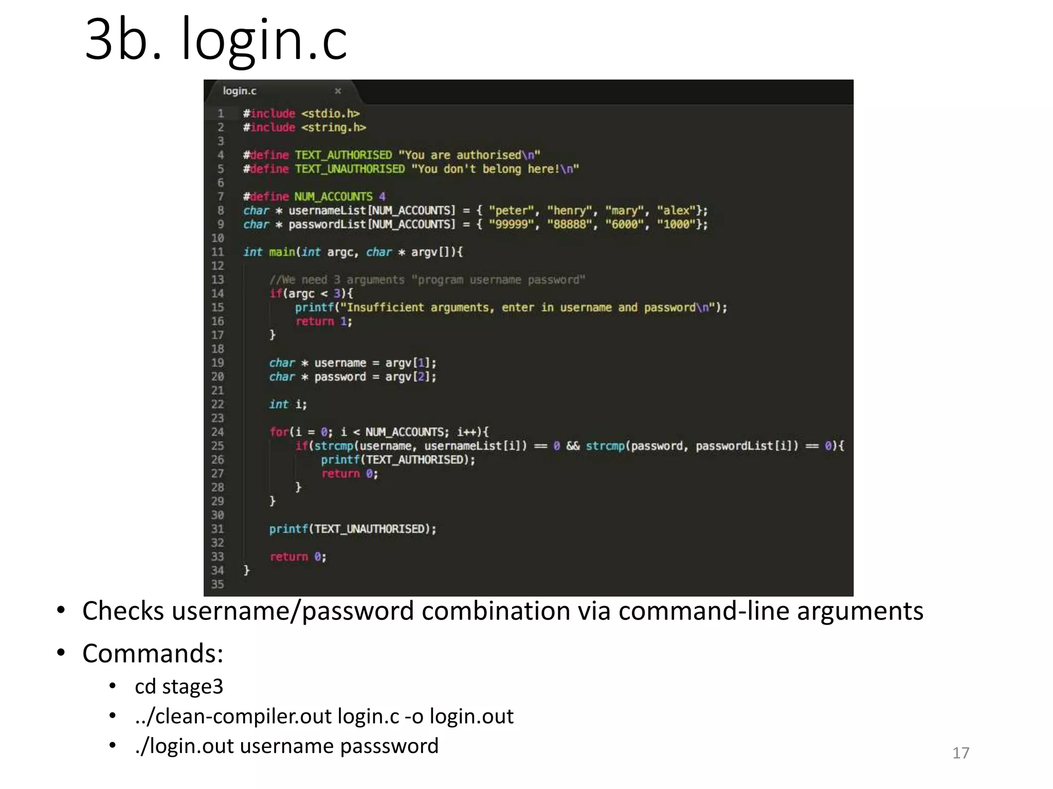 3b. login.c
17
• Checks username/password combination via command-line arguments
• Commands:
• cd stage3
• ../clean-compiler.out login.c -o login.out
• ./login.out username passsword
 