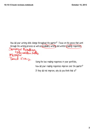 10­15­13 book reviews.notebook

October 15, 2013

How did your writing skills change throughout the quarter? Focus on the pieces that went
through the writing process as well as vocabulary writing and written reading responses.

Using the two reading responses in your portfolio,
how did your reading responses improve over the quarter?
If they did not improve, why do you think that is?

2

 