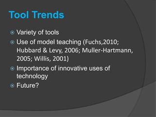 ChallengesTechnology can be a hindranceA suitable partner to work withCareful planning, sometimes a great deal of time in advanceFrequent and regular communication between teachers involvedResolving issues that relate to a colleague’s students or your own studentsPreparing for and dealing with cultural misunderstanding, miscommunication, frustrationsKeeping up to date on the best tools for each project