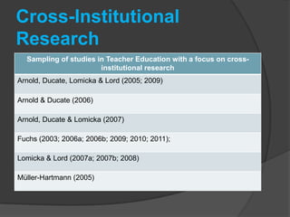 Arnold et al., 2005Goal: examine how CMC facilitates positive social interactions and the formation of communities for professional growth among FL teachersCross-institutional set up: graduate students from 3 US institutions enrolled in methods courses (new teachers) participated in regular exchange via discussion forumsResults: benefits for FL teacher ed programs, connections to peers and community development, successful modeling encouraged them to incorporate technology in own teaching