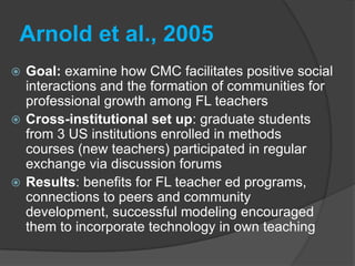 Müller-Hartmann (2005) Goal: to look at the development of both intercultural communicative competence and critical media literacy in foreign language teachersCross-institutional set up:  pre- and in-service student-teachers in two upper-level courses in Germany and in the US, both novice and experienced; collaboration on tasks and regular exchangeResults: development of ICC; wanted to develop more technical skills