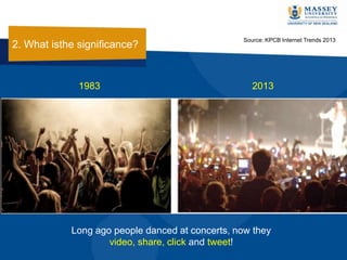 1983 2013
Long ago people danced at concerts, now they
video, share, click and tweet!
Source: KPCB Internet Trends 2013
2. What isthe significance?
 