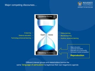 Knowledge Society
Knowledge Economy
Reproduction
• Mass education
• Universal standards
• Education as a commodity
• Increased market competition
Major competing discourses…
Different interest groups and stakeholders borrow the
same „language of persuasion‟to legitimize their own hegemonic agenda
• Online learning
• Blended learning
• Anytime, anywhere learning
E-learning •
Distance education •
Technology-enhanced learning •
Open nesss
 