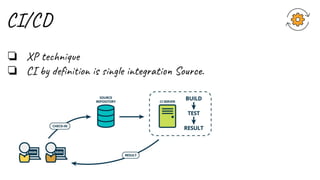 CI/CD
❏ XP technique
❏ CI by deﬁnition is single integration Source.
 