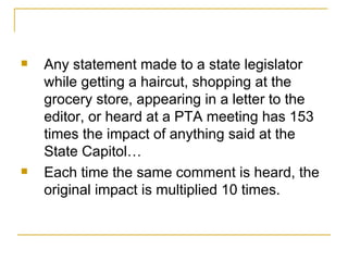 Any statement made to a state legislator while getting a haircut, shopping at the grocery store, appearing in a letter to the editor, or heard at a PTA meeting has 153 times the impact of anything said at the State Capitol… Each time the same comment is heard, the original impact is multiplied 10 times. 