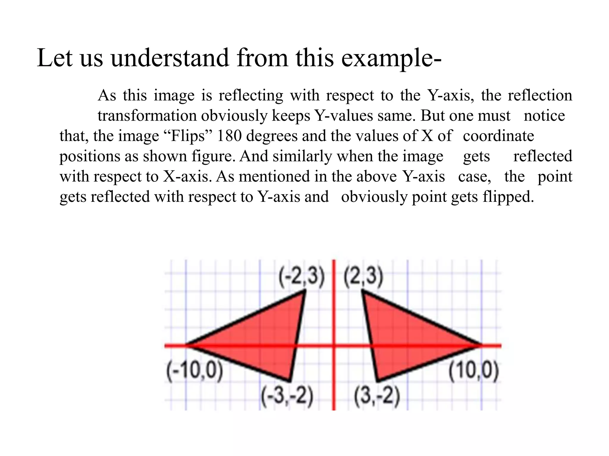 Let us understand from this example-
As this image is reflecting with respect to the Y-axis, the reflection
transformation obviously keeps Y-values same. But one must notice
that, the image “Flips” 180 degrees and the values of X of coordinate
positions as shown figure. And similarly when the image gets reflected
with respect to X-axis. As mentioned in the above Y-axis case, the point
gets reflected with respect to Y-axis and obviously point gets flipped.
 